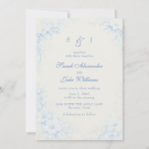 Convites Casamento Creme Floral Chinoiserie Azul
