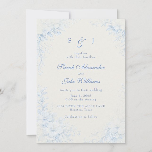 Convites Casamento Creme Floral Chinoiserie Azul (Frente)