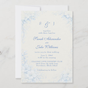 Convites Casamento Creme Floral Chinoiserie Azul
