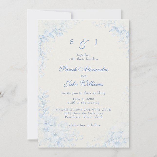 Convites Casamento Creme Floral Chinoiserie Azul (Frente)