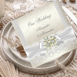 Convites Casamento Creme White Pearl Lace Damask Diamond