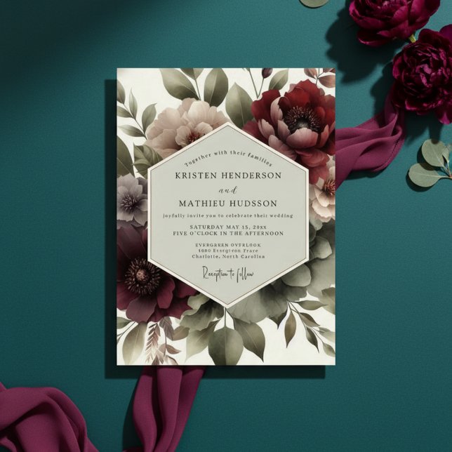 Convites Casamento Crepuscular Floral Borgonha (Criador carregado)