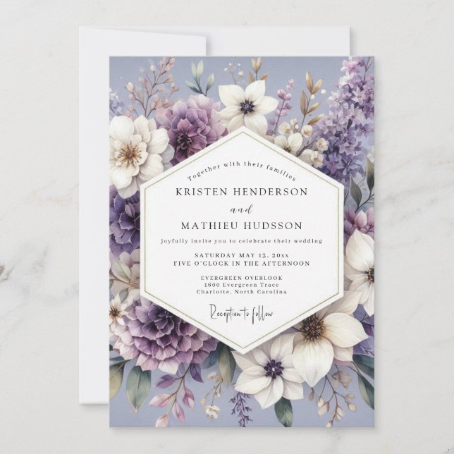 Convites Casamento Crepuscular Floral de Lavanda (Frente)