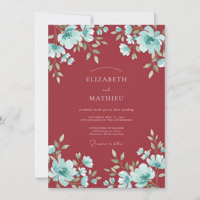 Convites Casamento Crimson Aqua Bloom (Frente)