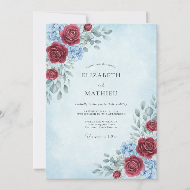 Convites Casamento Crimson Azure Bloom (Frente)