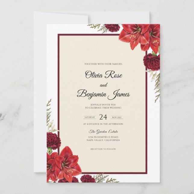 Convites Casamento Crimson Ruby Bloom (Frente)
