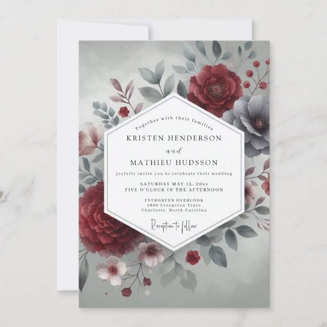 Convites Casamento Crimson Slate Bloom (Frente)