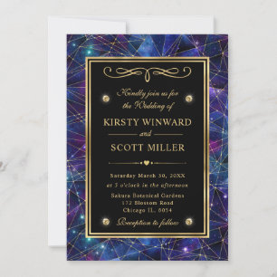 Convites Casamento Cristal Galáxia Meia-Noite Dourado e Rox
