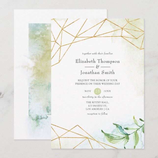 Convites Casamento Cristal Geométrico Aquarela (Frente/Verso)