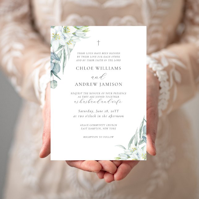 Convites Casamento Cristão Chloe Simples Elegante com Verdo (Chloe Christian wedding invitation with white watercolor flowers and greenery)