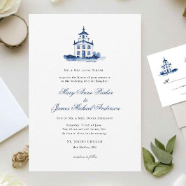 Convites Casamento Cristão da Capela de Cor Azul e Branca