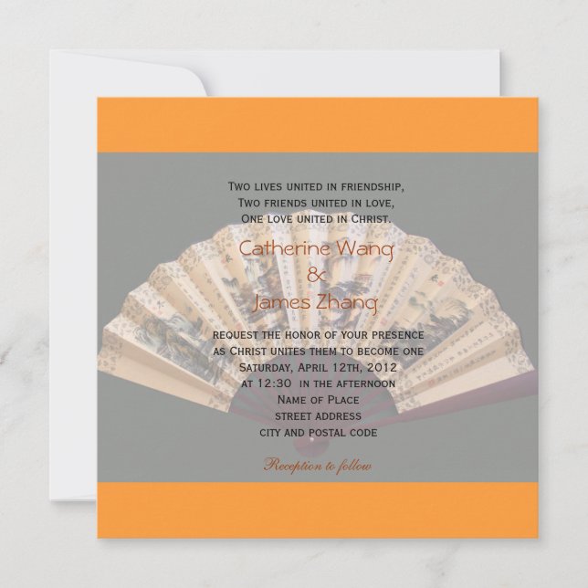 Convites Casamento cristão de bambu e fã de seda chinês (Frente)