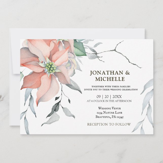 Convites Casamento Cristão de Poinsettia Rosa de Natal (Frente)