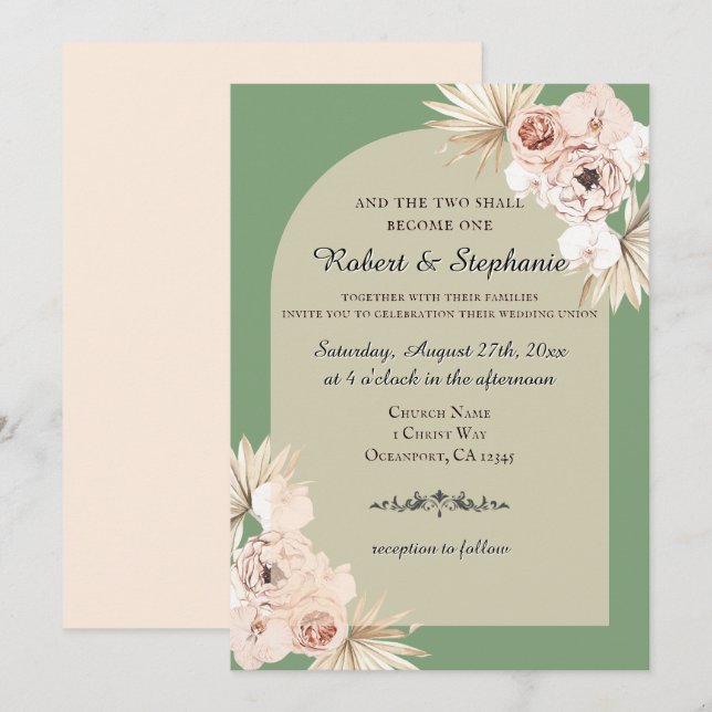 Convites Casamento Cristão Elegante Boho de Primavera com P (Frente/Verso)