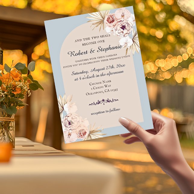 Convites Casamento Cristão Elegante Boho Primavera Peony (Two become one pink floral arched wedding invitations )