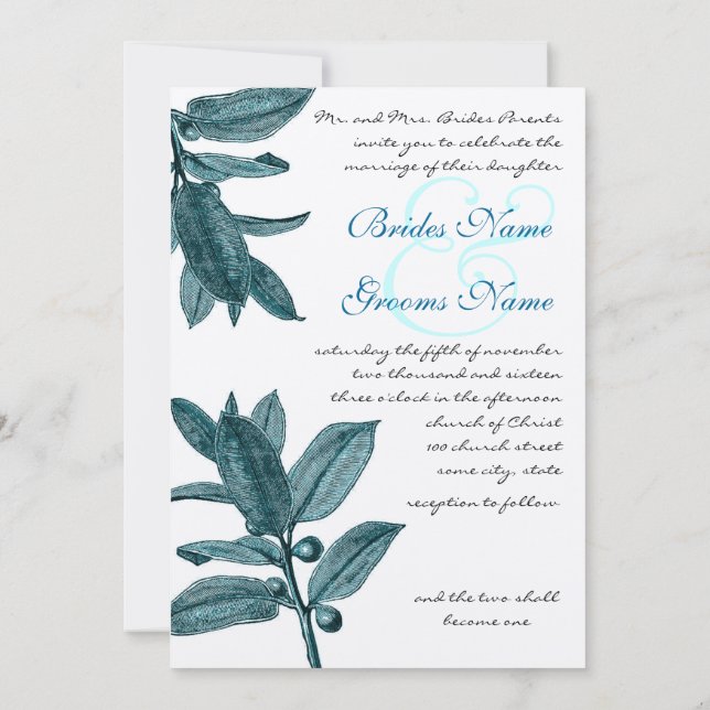 Convites Casamento Cristão Exótico com Planta Teal e Aqua (Verso)