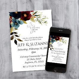 Convites Casamento Cristão Floral Azul Borgonha Cruz Dois S