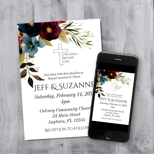 Convites Casamento Cristão Floral Azul Borgonha Cruz Dois S (Blue Burgundy Floral Cross Two Become One Wedding Invitation)