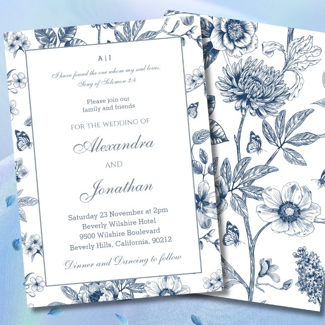 Convites Casamento Cristão Floral Azul Chinoiserie (Criador carregado)