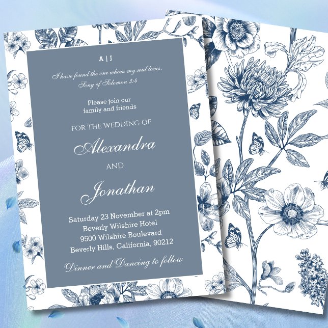 Convites Casamento Cristão Floral Azul Chinoiserie  (Criador carregado)
