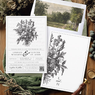 Convites Casamento Cristão Preto e Branco Floral Vintage