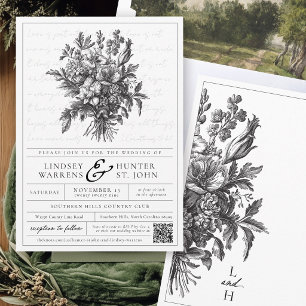 Convites Casamento Cristão Preto e Branco Floral Vintage