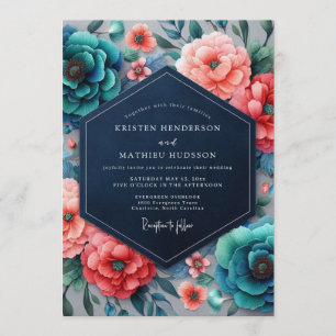 Convites Casamento Cromático Flora Coral Teal