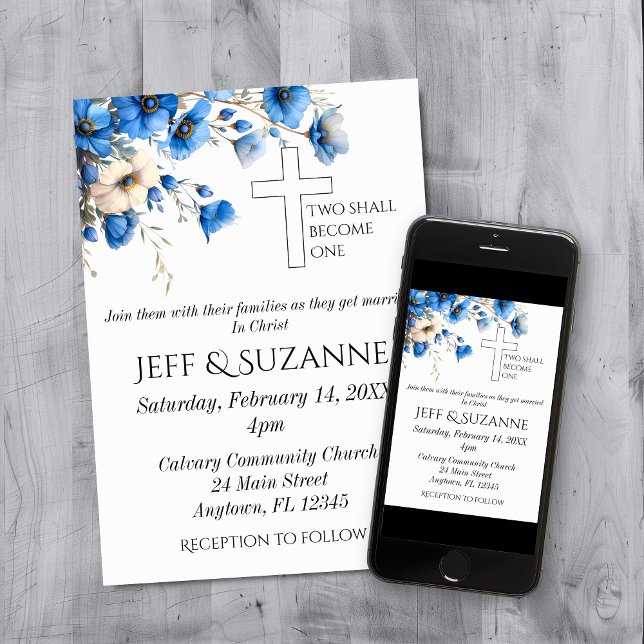 Convites Casamento Cruz Floral Azul Dois se Tornam Um  (Blue Floral Two Become One Cross Wedding Invitation)