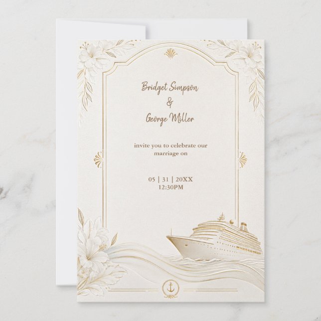 Convites Casamento Cruzeiro em Ouro Branco Elegante Ondas d (Frente)
