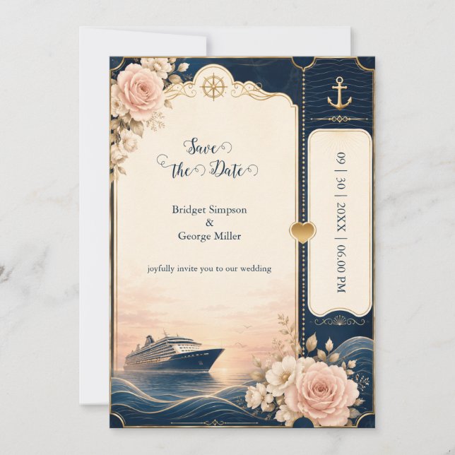 Convites Casamento Cruzeiro Romântico Viagem Rose Luxe (Frente)