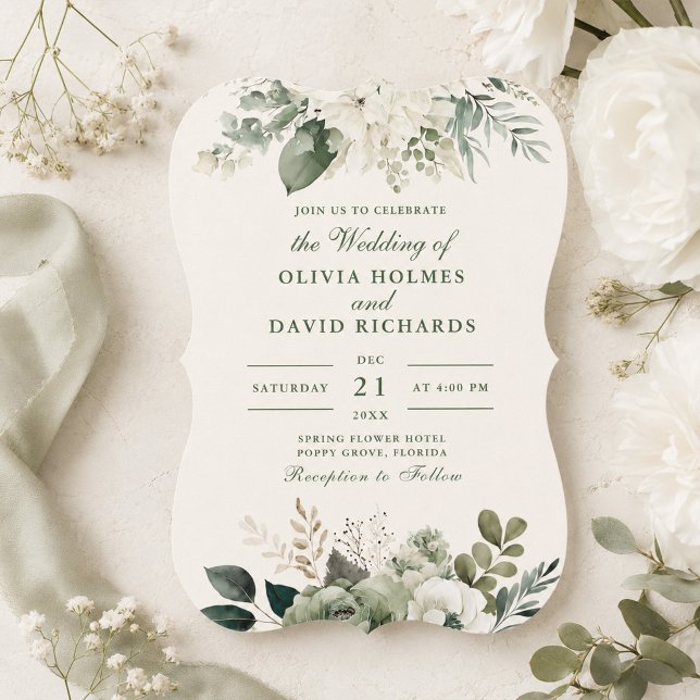 Convites Casamento Curvo em Verde Salvia e Flores de Marfim (Elegant Sage Green & Ivory Flowers Curved Wedding Invitation on a table with white flowers )