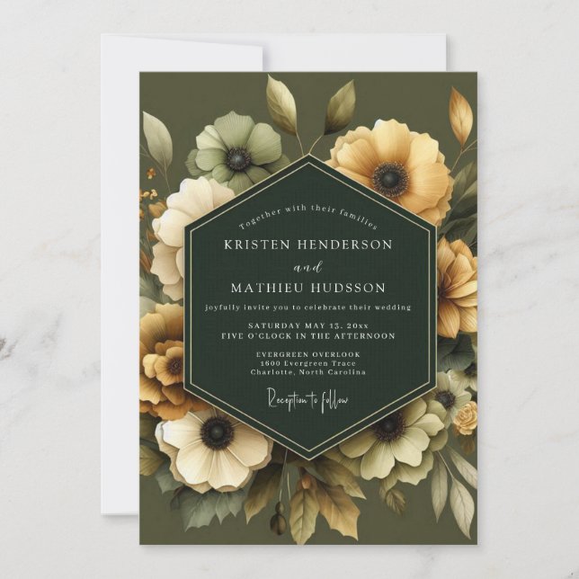 Convites Casamento da Anêmona Dourada Oliva (Frente)