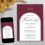 Convites Casamento da Burgundy da Caligrafia Elegante<br><div class="desc">Convite de casamento burgundy com caligrafia elegante, monograma do estilo logo e estrutura arquitetada moderna. Simples elegância, em burgundy e branco. Convites de coordenação, papelaria e decoração de dia de evento podem ser encontrados na minha coleção de Cores de Casamento. Se você quiser cores diferentes ou modelos adicionais para produtos...</div>