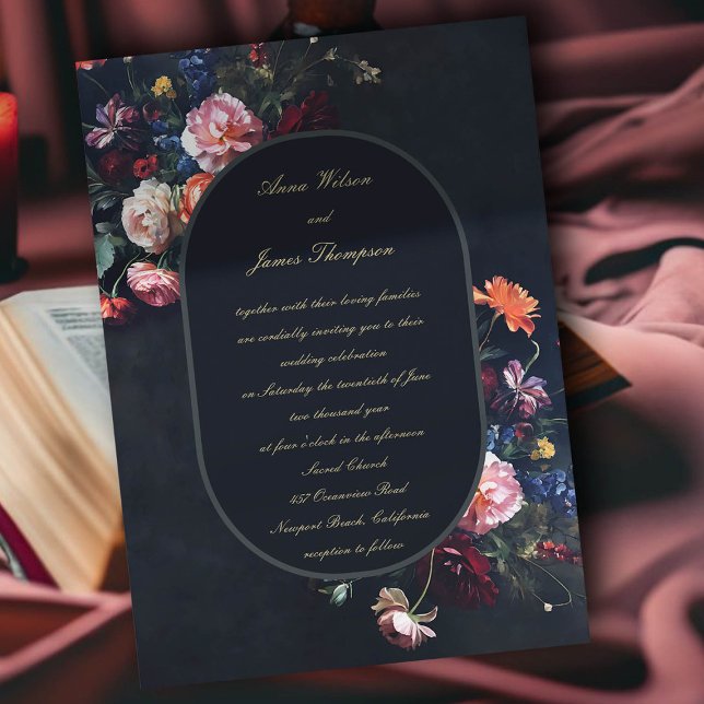 Convites Casamento da Caligrafia Romântica Escura (dark romantic wedding invitation fairytale romance black navy dutch masters floral calligraphy)