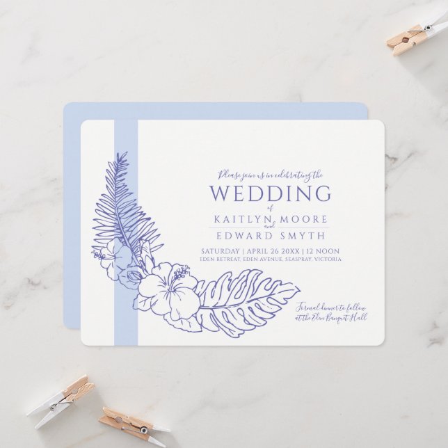 Convites casamento da coroa tropical azul (Frente/Verso In Situ)