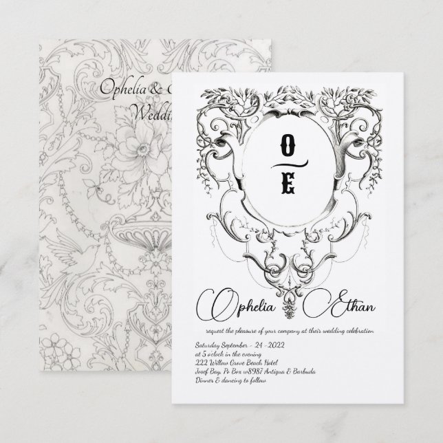 Convites Casamento da crista do Monograma Vitoriano (Frente/Verso)