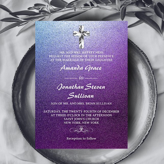 Convites Casamento da Cruz Cristã de Prata Roxa (Purple Silver Christian Cross Wedding Invitation)