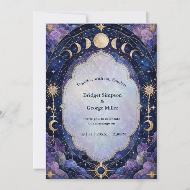 Convites Casamento da Fase da Lua Celestial em Azul Meia-No (Frente)