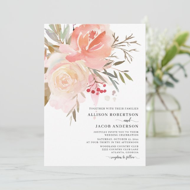 Convites Casamento Da Flor Rosa Com Blush Por Aquarela Chic (Em pé/Frente)