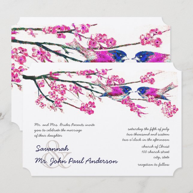 Convites Casamento da Floresta de Aves Azul com Marinho de  (Frente/Verso)