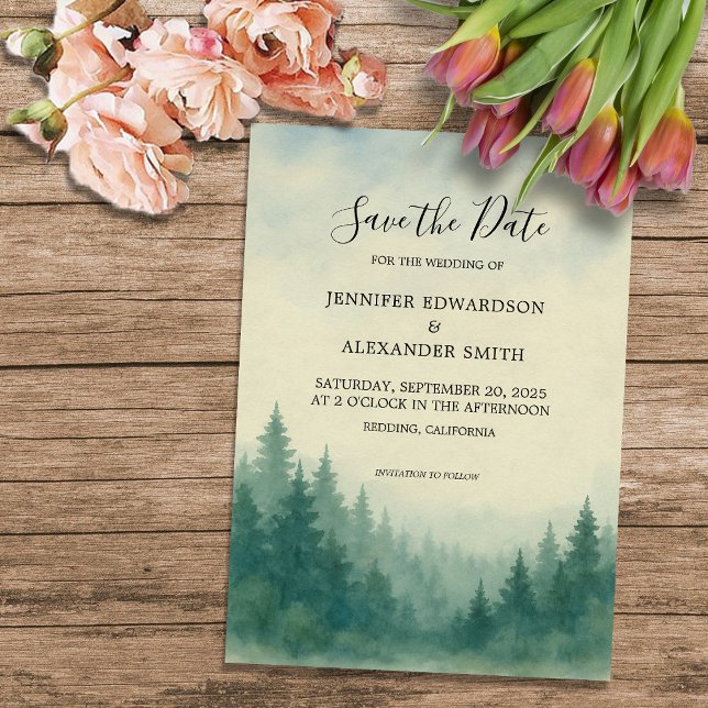 Convites Casamento da floresta de pinheiros de aquarelas Sa (Watercolor pine tree forest wedding Save the Date Invitation. For your rustic wedding.)