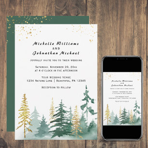 Convites Casamento da Floresta de Pinus Verdes no Dourado S