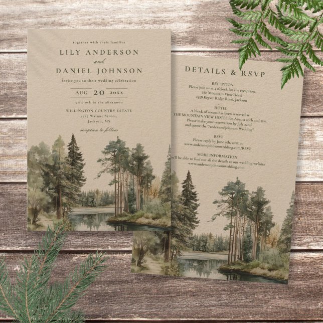 Convites Casamento Da Floresta Rustic All In One Watercolor (Rustic All In One Watercolor Lake Forest Wedding Invitation)