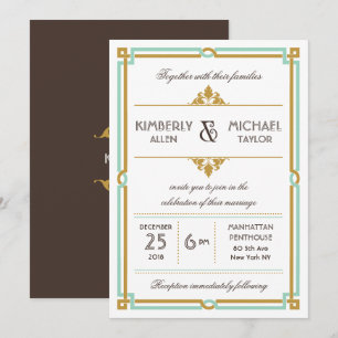 Convites Casamento da hortelã & do ouro de Deco da arte