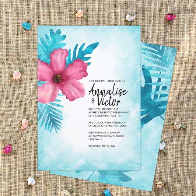 Convites Casamento da Ilha de Hibiscus, Turquesa Rosa Tropi (turquoise and pink tropical wedding invitation card, pink hibiscus flowers, Hawaiian theme)