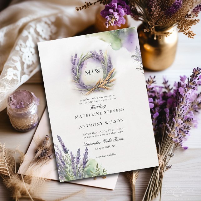 Convites Casamento da Lavanda rustica Elegante Wreath Monog (lavender wedding invitation watercolor botanical wreath monograms elegant modern romantic)