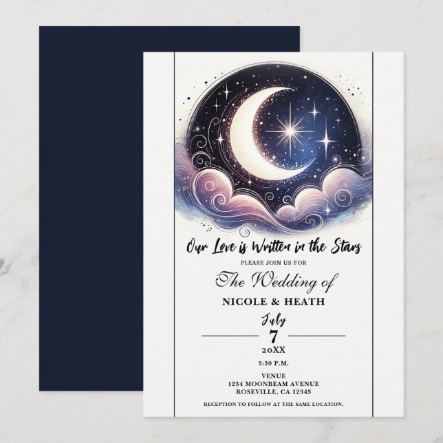Convites Casamento da Lua de Aquarela Escrita nas Estrelas (Frente/Verso)