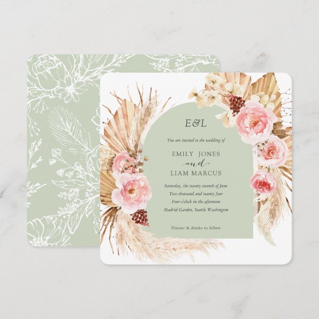 Convites Casamento da Pampas Grass Boho Floral Square (Frente/Verso)