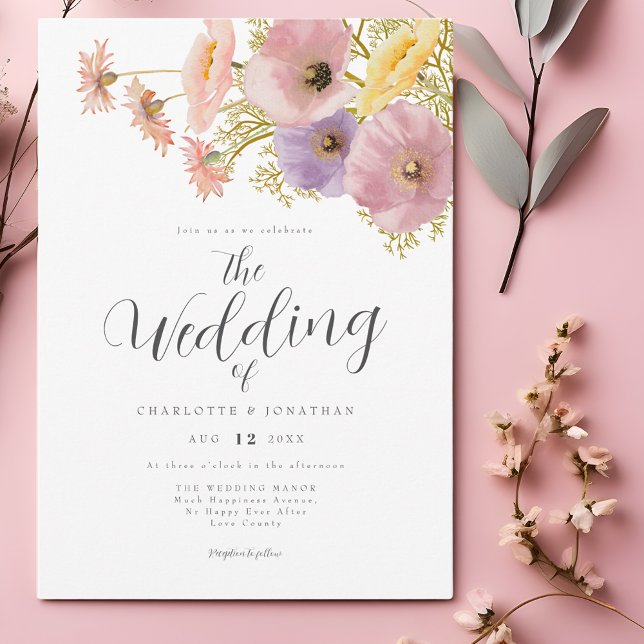 Convites Casamento da primavera de Wildflower Boho (Elegant watercolor floral script pastel pink purple yellow peach spring wedding invitation )