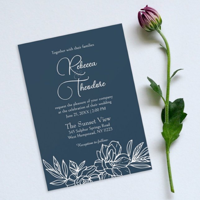 Convites Casamento da primavera Elegante Azul do Marinho Mo (
Introducing our simple floral wedding invitation, radiating elegance for your special day.)